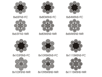 8×65FNS 8×80WSNS 8×84WSNS 8×103FSNS 8×109WSNS 8×111WSNS 点线接触钢丝绳（光面和镀锌）