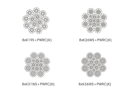 8×K19S+PWRC(K) 6×K26WS+PWRC(K) 6×K31WS+PWRC(K) 6×K36WS+PWRC(K) 平行捻压实股钢丝绳（光面和镀锌）